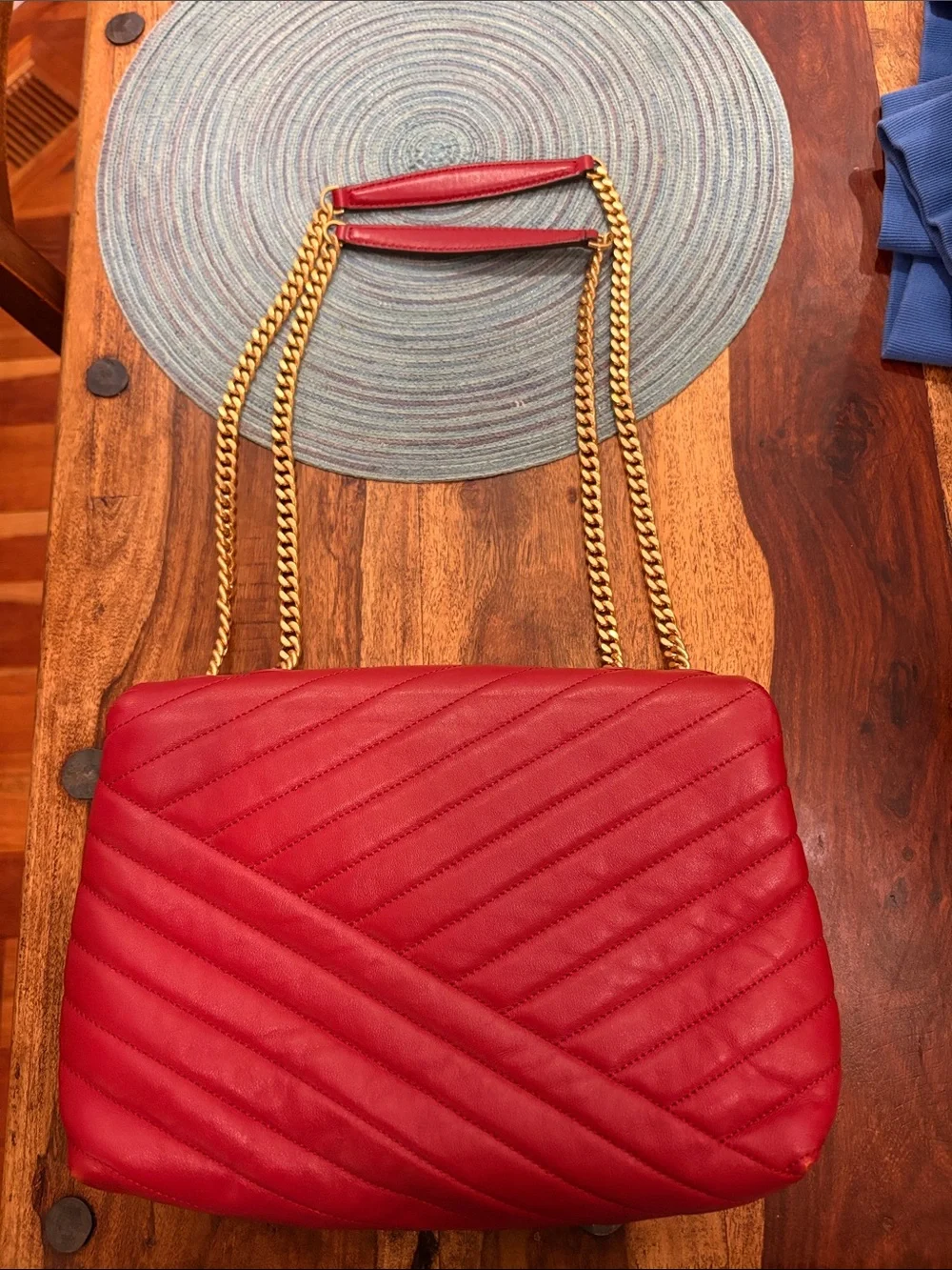 Tory Burch Red Quilted Chevron Leather Shoulder Bag with Gold Chain